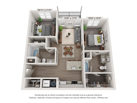 Two-bedroom, two-bath apartment floor plan at Plat 10 Living in Windsor CO designed for privacy and comfort.